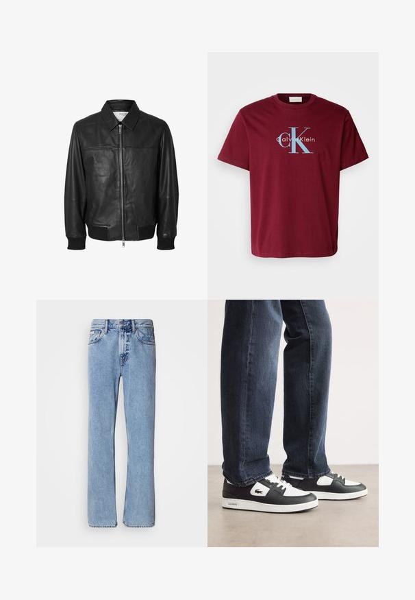 Selected SLHDEON JACKET - Leren jas - black; Bordeaux katoenen T-shirt met een groot wit en blauw "CK"-logo en de tekst "Calvin Klein", standaard pasvorm, korte mouwen en ronde hals.; Lichtblauwe denim jeans met een recht ontwerp, vijf zakken en een knoopsluiting. Stikdetails nabij de zakken en de tailleband.; Zwart-witte Lacoste sneakers met een gestructureerde leren bovenkant, voorzien van een vetersluiting en een witte rubberen loopzool. Gecombineerd met een donkere jeans.