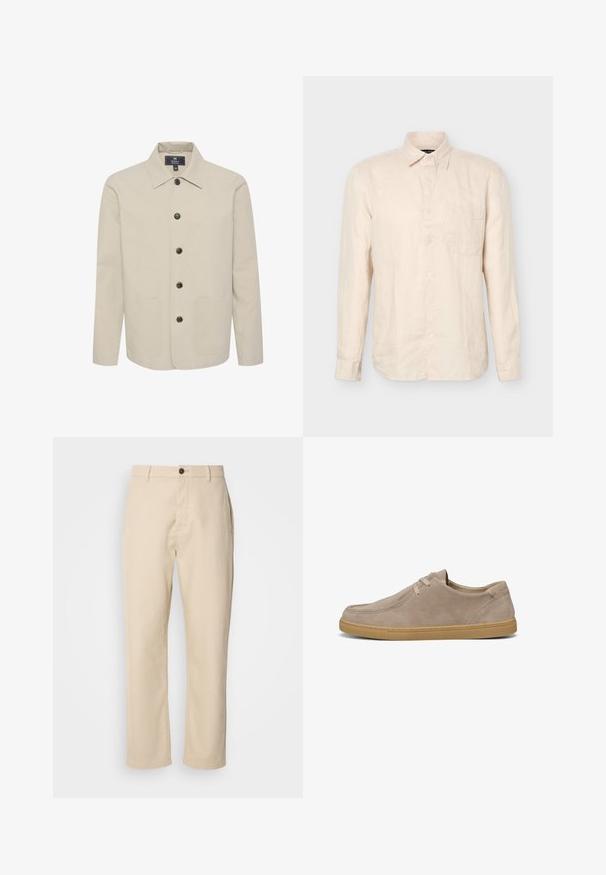 Beige jakke lavet af bomuld, med krave, knaplukning og to forlommer. Glat tekstur med brune knapper.; Beige langærmet skjorte med knapper, spids krave og brystlomme, vist forfra mod en ensfarvet baggrund.; Beige bomuldsbukser med lige ben, en frontknaplukning, sidelommer og en glat tekstur. Minimalistisk design, ingen synlige mønstre.; Beige ruskinds afslappet snøresko med lys brun gummisål, lavskåret design og synlige syninger langs siderne og tåen.