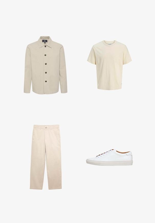 Beige Jacke aus Baumwolle mit Kragen, Knopfverschluss und zwei seitlichen Taschen. Glatte Textur mit braunen Knöpfen.; Hellbeige Baumwoll-T-Shirt mit rundem Halsausschnitt, kurzen Ärmeln und lockerer Passform. Mit minimalistischer Markenkennzeichnung nahe dem Saum. Glatte Textur.; Beige gerade geschnittene Hose mit Knopf- und Reißverschluss, Gürtelschlaufen und seitlichen Vordertaschen, flach auf weißem Hintergrund liegend.; Weißer Ledersneaker mit einer strukturierten Gummisohle, rundem Zehenbereich und kontrastierendem, braunem Innenfutter. Verfügt über fünf Ösen und weiße Schnürsenkel.