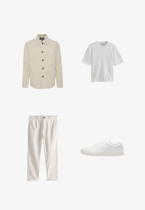 Beige jakke lavet af bomuld, med krave, knaplukning og to forlommer. Glat tekstur med brune knapper.; Hvid kortærmet T-shirt med rund halsudskæring, vist mod en hvid baggrund.; Herre beige bukser med lige ben, forreste læg, sidelommer, bæltestropper og enkelt knap med lynlåslukning.; Hvide lædersneakers med en glat overflade, rund tå, snørebåndslukning og flad gummisål. Minimalistisk design uden synlige mønstre.