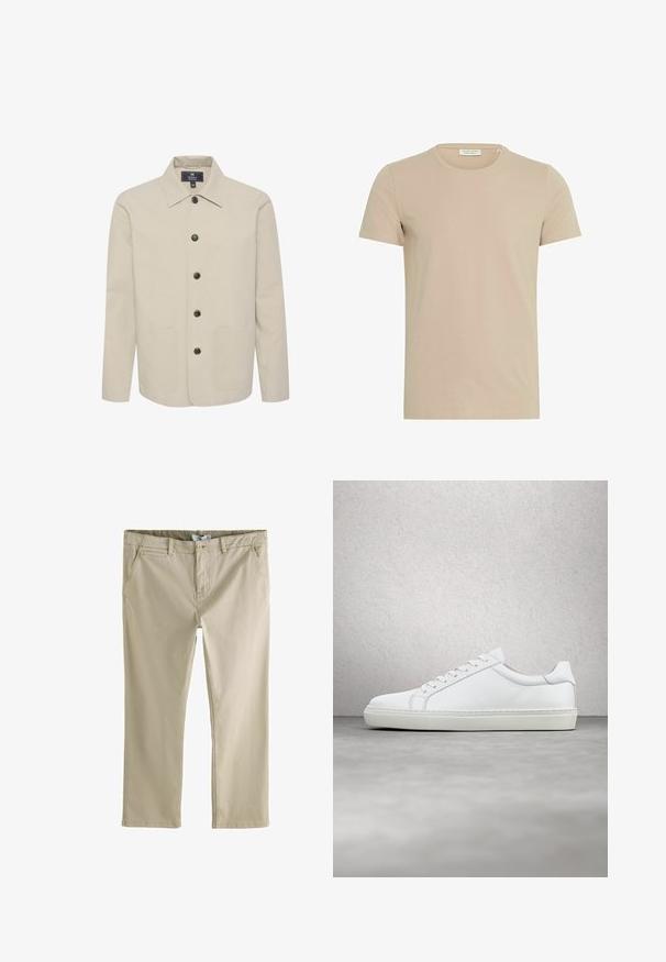 Beige jakke lavet af bomuld, med krave, knaplukning og to forlommer. Glat tekstur med brune knapper.; Beige bomulds T-shirt med rund hals, korte ærmer og lige pasform. Glat tekstur, minimalistisk design, velegnet til hverdag.; Beige bukser med lige ben, for- knap og lynlås, bæltestropper, sidelommer og en lille møntlomme på venstre side.; Hvide sneakers med en glat læderoverdel og lav profil. Har en rund tå, seks snørehuller og en tekstureret gummisål.