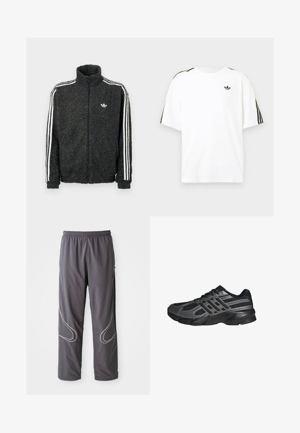 Schwarze Fleecejacke mit Reißverschluss vorne, hohem Kragen und weißen drei Streifen an den Ärmeln. Verfügt über ein kleines Logo auf der Brust.; Weißes Baumwoll-T-Shirt mit kurzen Ärmeln, ausgestattet mit schwarzen drei Streifen-Akzenten an den Schultern und einem kleinen schwarzen Logo auf der Brust.; Herren graue Sporthose mit elastischem Bund, Reißverschlusstaschen und reflektierenden weißen Akzenten an den Seiten. Leicht, glatte Textur.; Schwarze Sportschuhe aus Netz- und synthetischem Material, mit einer strukturierten Oberfläche, mehreren grauen Streifen und einem gepolsterten Schaft.