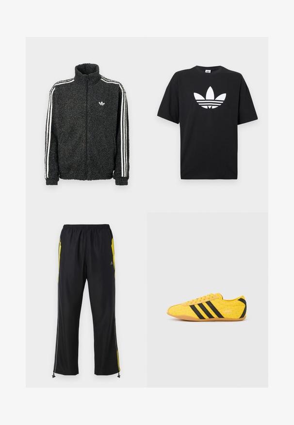 Schwarze Fleecejacke mit Reißverschluss vorne, hohem Kragen und weißen drei Streifen an den Ärmeln. Verfügt über ein kleines Logo auf der Brust.; Schwarzes Baumwoll-T-Shirt mit kurzen Ärmeln, das ein großes weißes Adidas-Logo und drei horizontale Streifen am Saum zeigt. Klassisches Rundhalsdesign.; Schwarze Sporthosen mit gelben Seitenakzenten, elastischem Bund und mit Reißverschlüssen versehenen Seitentaschen. Hergestellt aus leichtem, glattem Stoff.; Gelber Sportschuh mit strukturiertem Obermaterial, verziert mit schwarzen Streifen und Logo. Abgerundete Spitze, weiche Sohle und Zickzackmuster auf dem Material.