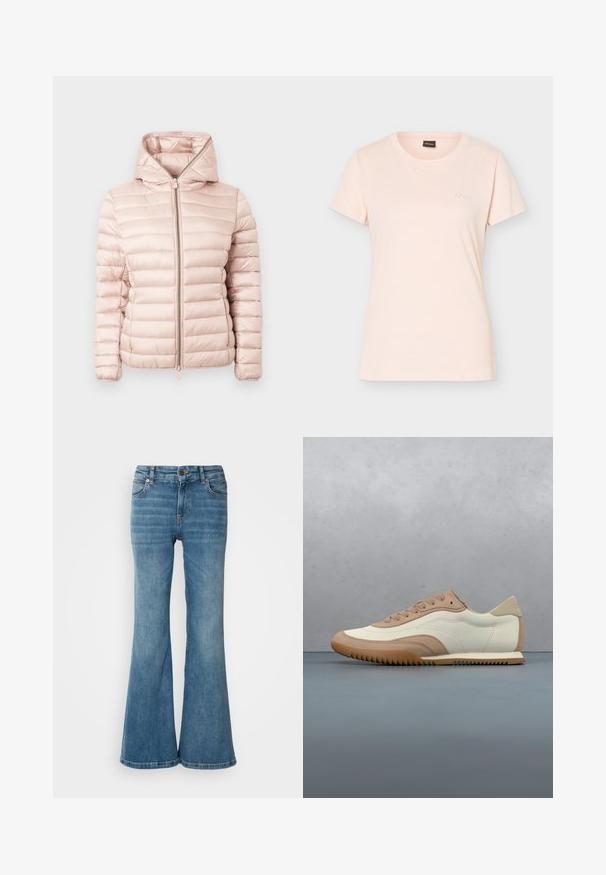 Chaqueta acolchada en rosa suave con capucha, cierre de cremallera y textura acanalada con detalles de costuras horizontales en toda la tela.; Camiseta de manga corta color rosa claro con cuello redondo y pequeño logo BOSS en relieve en el pecho izquierdo, además de etiqueta negra en el interior del cuello.; Vaqueros de mezclilla de color azul claro, acampanados, que cuentan con cinco bolsillos, costuras visibles y un cierre de botón y cremallera en la cintura.; Zapatilla en crema y beige con parte superior texturizada, cordones y suela de goma, exhibida sobre una superficie de madera con piedras.