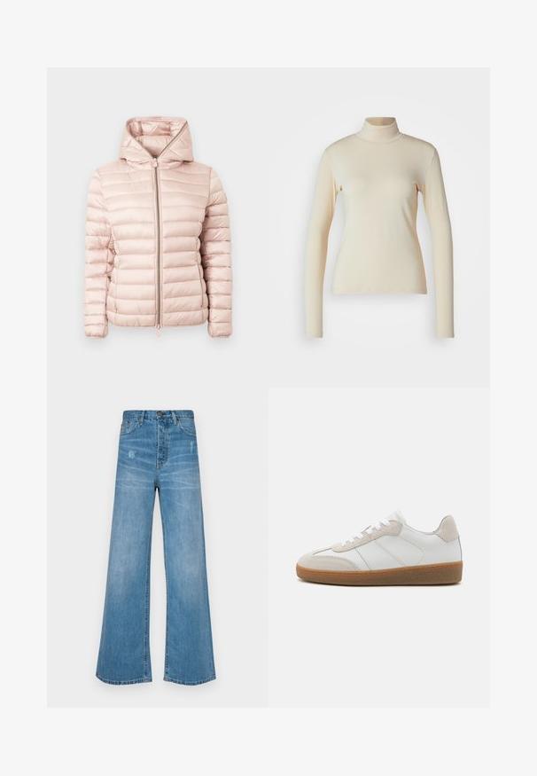 Chaqueta acolchada en rosa suave con capucha, cierre de cremallera y textura acanalada con detalles de costuras horizontales en toda la tela.; Top de manga larga de color crema con cuello alto, hecho de una tela suave y elástica; diseño ajustado con cuello alto y sin patrones o acentos visibles.; LOIS Jeans SKATER LOOSE - Vaqueros boyfriend - stone; Deportivas de cuero blanco con acentos de ante beige, lengua texturizada y suela de goma. Presenta cordones blancos y detalles sutiles de costura.