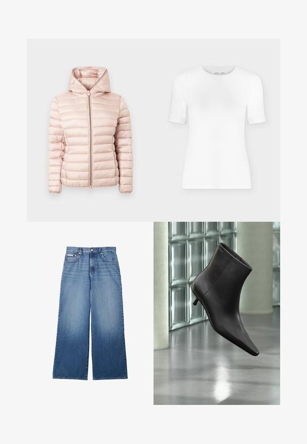 Chaqueta acolchada en rosa suave con capucha, cierre de cremallera y textura acanalada con detalles de costuras horizontales en toda la tela.; Camiseta blanca de manga corta con cuello redondo, ajuste slim y textura de tejido acanalado, mostrada sobre un fondo liso gris claro.; Vaqueros de corte ancho en denim azul con parte delantera desgastada, estilo de cinco bolsillos, cierre de botón y cremallera, y pequeña etiqueta Calvin Klein en el bolsillo delantero.; Bota de cuero negro para el tobillo con puntera puntiaguda y tacón pequeño, exhibida frente a una pared de bloques de vidrio y un suelo pulido.