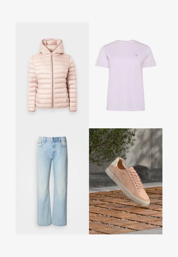Chaqueta acolchada en rosa suave con capucha, cierre de cremallera y textura acanalada con detalles de costuras horizontales en toda la tela.; Camiseta de manga corta de cuello redondo en color púrpura claro con pequeño logo bordado "cK" en el pecho izquierdo, presentada sobre fondo blanco.; Vaqueros de pierna ancha azul claro confeccionados en denim, con un diseño clásico de cinco bolsillos y una sutil textura deslavada. La costura del denim es visible.; Zapatilla Calvin Klein de color rosa claro con suela y talón blancos flotando sobre un suelo con textura de piedra y madera al aire libre.