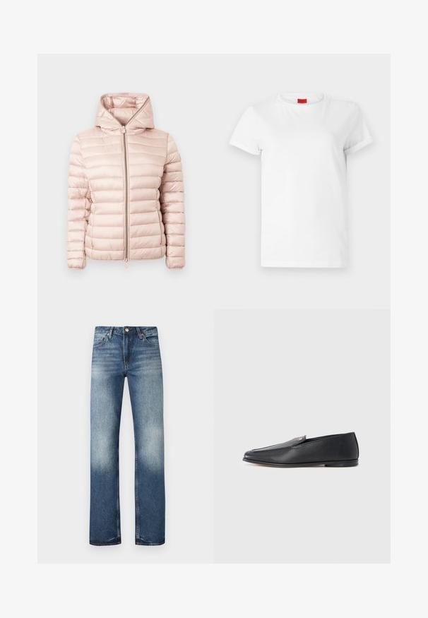 Chaqueta acolchada en rosa suave con capucha, cierre de cremallera y textura acanalada con detalles de costuras horizontales en toda la tela.; Camiseta blanca de manga corta hecha de algodón ligero. Presenta un escote redondo y mangas enrolladas. Etiqueta de logo roja en el cuello.; Pantalones vaqueros azules de mezclilla con diseño de pierna recta, textura desgastada y ligera apariencia envejecida. Cuenta con cinco bolsillos y herrajes metálicos.; Mocasines de cuero negro con textura suave, punta redondeada y detalles de costura sutiles. Presentan un acento de logo dorado en el lateral superior.
