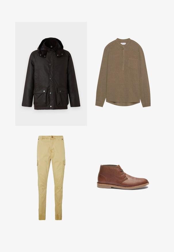 Barbour MODERN BEAUFORT JACKET - Kerge jope - dark brown/midnight oak; Pikendusega nööpidega särk pruunist tekstureeritud kangast. Omab ümarat kaelust, esistaski ning sirget alumist äärt. Nööpimine on keskel ees.; Khaki tööpüksid, mis on valmistatud puuvillast, külgedel on taskud, nööbiga kinnitamine ja elastsed varrukad, millel on sile tekstuur.; Pruunist nahast pahkluu saapad, millel on sujuv disain, sisaldades lihtsat paelakinnitust, ümmargust varvast ja kummitalda. Sile tekstuur, millel on õmblustega detailid.