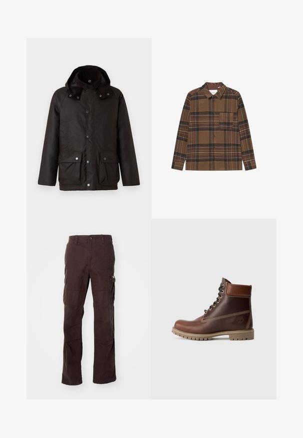 Barbour MODERN BEAUFORT JACKET - Kerge jope - dark brown/midnight oak; Pruunist ruudulisest särgist, mis on valmistatud pehmest kangast, pikad varrukad, nööpide kinnitamine, krae ja üks rinnatasku, millel on mitmevärvilised triibud.; Pruunid cargo püksid, mis on valmistatud vastupidavast puuvillakangast, küljetaskute ja lõdva istuvuse ning sirgete jalgadega, millel on nähtavad õmbluse detailid.; Pruun nahast lõhkumisega ankle boot, millel on polsterdatud krae, kontrastne õmblus ja robustne tald, shown välisküljelt valgel taustal.