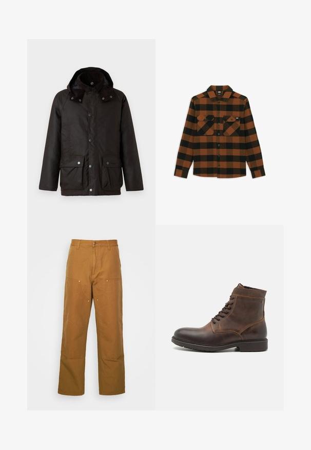 Barbour MODERN BEAUFORT JACKET - Jas - dark brown/midnight oak; Langarmshirt in een oranje en zwart geruit patroon, gemaakt van een gestructureerde stof. Heeft twee borstzakken en een knoopsluiting aan de voorkant.; Bruine katoenen utility broeken met een rechte pijpdesign, voorzien van voorzakken en metalen hardware accenten voor extra duurzaamheid.; Jack & Jones JFWDELANEY BOOT - Veterboots - cognac