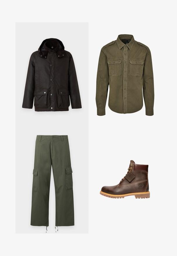 Barbour MODERN BEAUFORT JACKET - Kerge jope - dark brown/midnight oak; Oliivroheline nööpidega särk, mis on valmistatud puuvillast. Omab kraed, kahte rinna taskut klappidega ning struktureeritud õlgu koos nähtava õmblusega.; Oliivrohelised kaubusaapad külgmiste klapiga taskute, nööpidega kinnituse, vööaasade ja reguleeritavate paeltega laia säärte juures.; pruun nahkne pahklöögi saabas ümarate varvastega, tugev tald, kuldse tooni detaljid ja tekstureeritud pealispind. Kaasas brändi silt.