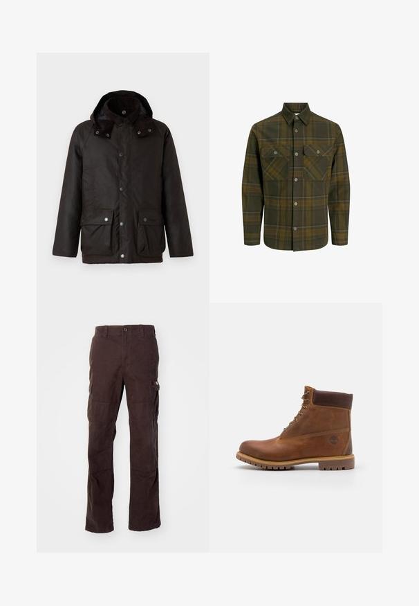 Barbour MODERN BEAUFORT JACKET - Ελαφρύ μπουφάν - dark brown/midnight oak; Ελιές πράσινη καρό πουκάμισο από μαλακό ύφασμα, με δύο τσέπες στο στήθος, μπροστινό κλείσιμο με κουμπιά και αντίθετες κίτρινες λεπτομέρειες στο σχέδιο.; Καφέ Cargo παντελόνι κατασκευασμένο από ανθεκτικό βαμβακερό ύφασμα, με πλαϊνές τσέπες, άνετη εφαρμογή και ίσια πόδια με εμφανή ραφές.; Καφέ δερμάτινο μποτάκι πεζοπορίας με λείο φινίρισμα, επενδεδυμένο αστράγαλο, μεταλλικές θηλιές και ελαστική σόλα που διαθέτει ρουστίκ μοτίβο.