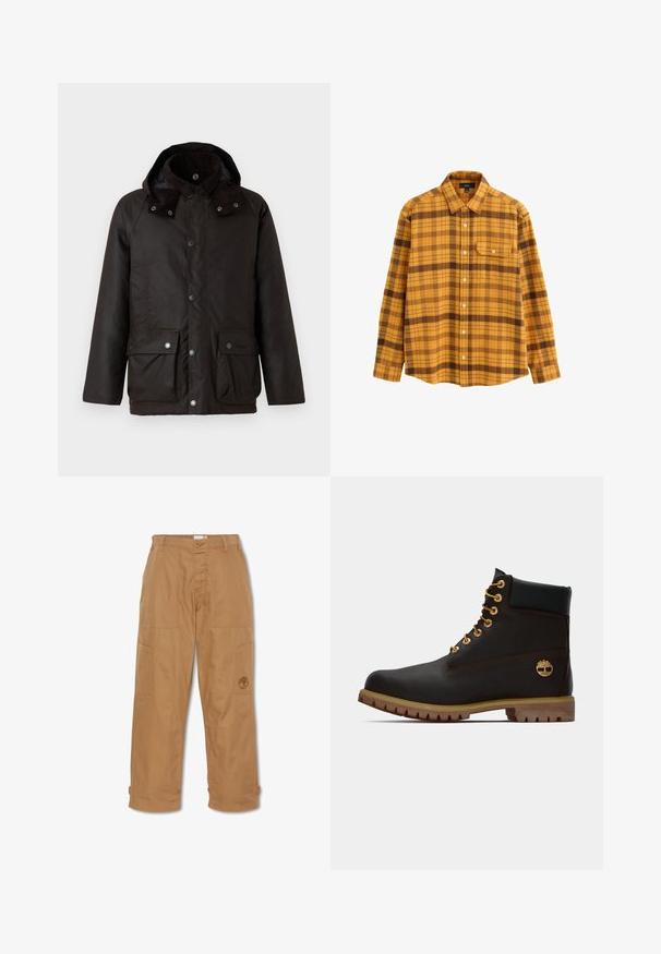 Barbour MODERN BEAUFORT JACKET - Jas - dark brown/midnight oak; Langarm overhemden in mosterdgeel en bruine ruit met een puntige kraag en een borstzak op een witte achtergrond.; Khaki werkbroek, gemaakt van duurzaam materiaal, heeft meerdere zakken, een knoopsluiting en een geborduurd logo op de dij.; Zwarte leren enkellaars met gouden oogjes, bruine accenten en een rubberen zool. Heeft een gevoerde kraag en geperst logo aan de zijkant.