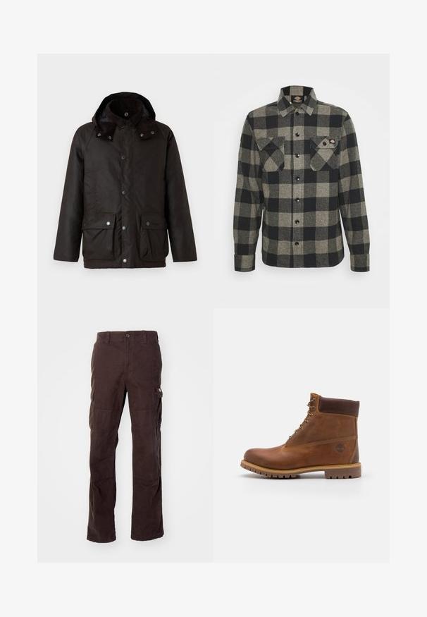 Barbour MODERN BEAUFORT JACKET - Winterjacke - dark brown/midnight oak; Schwarzes und graues kariertes Flanellhemd mit langen Ärmeln, Knopfverschluss vorne, zwei Brusttaschen und einem leicht abgerundeten Saum. Strukturiert. ; Braune Cargo-Hose aus robustem Baumwollstoff, mit seitlichen Taschen, einer lässigen Passform und geraden Beinen mit sichtbaren Nähten.; Braune Lederwanderschuhe mit glatter Oberfläche, gepolstertem Knöchel, Metallösen und einer Gummisohle mit robustem Profil.