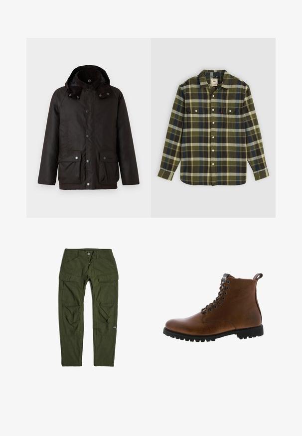 Barbour MODERN BEAUFORT JACKET - Winterjacke - dark brown/midnight oak; Grüne karierte Flanellhemd mit langen Ärmeln, ausgestattet mit zwei Brusttaschen und weißen Knöpfen. Das Material hat eine weiche Textur und ein lässiges Design.; G-STAR CARGO 3D REGULAR TAPERED PANTS - Cargohose - dk bronze green; Braune Lederstiefeletten mit strukturiertem Finish, metallischen Ösen und schwarzer Gummisohle. Mit Zuglasche hinten für einfaches An- und Ausziehen.