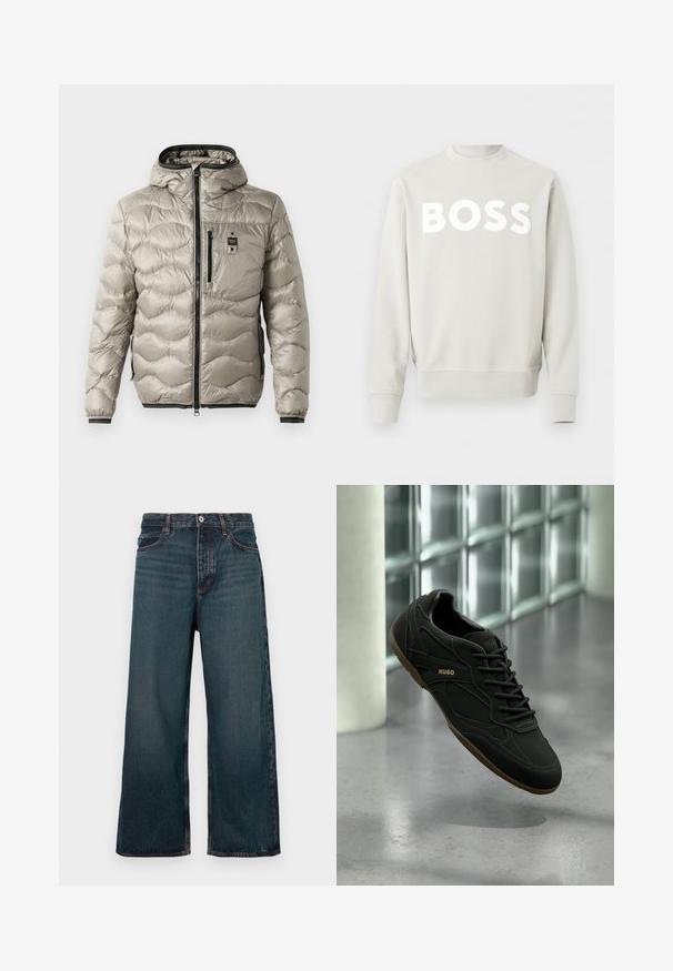 Chaqueta acolchada de color gris claro con un diseño acolchado, cierre frontal con cremallera, capucha fija, bolsillos laterales y puños elásticos. Presenta un pequeño parche con el logotipo en el pecho.; Sudadera gris claro con cuello redondo, mangas largas y la palabra "BOSS" impresa en grandes letras blancas en el pecho.; Vaqueros de pierna ancha en denim azul oscuro con botón frontal, cierre de cremallera y diseño de cinco bolsillos, mostrados sobre un fondo blanco.; Zapatilla negra de corte bajo con suela marrón, cordones negros y el logo "HUGO" en el lateral, mostrada sobre un fondo de pared de bloques de vidrio.