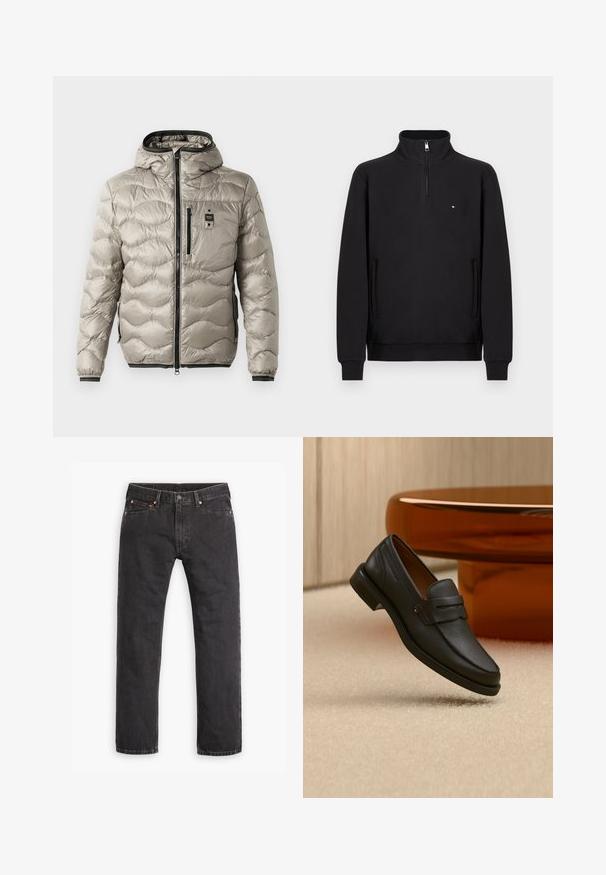 Veste matelassée gris clair avec un design rembourré, fermeture éclair à l'avant, capuche intégrée, poches latérales et poignets élastiques. Caractérisée par un petit écusson logo sur la poitrine.; Sweat-shirt noir à demi-zippé avec des manches longues, des poches latérales et un petit logo sur la poitrine. Tissu doux avec une texture lisse.; Jeans en denim noirs à jambes droites avec cinq poches, fermeture à bouton et rivets cuivrés, posés à plat sur un fond blanc.; Mocassin homme en cuir noir avec une bande sur le dessus, présenté sur un tapis beige près d'une table ronde moderne marron.