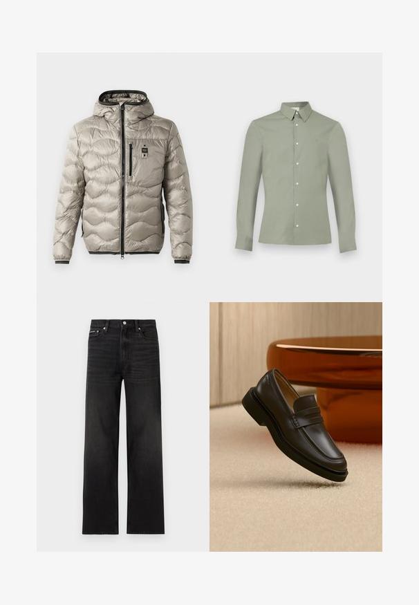 Veste matelassée gris clair avec un design rembourré, fermeture éclair à l'avant, capuche intégrée, poches latérales et poignets élastiques. Caractérisée par un petit écusson logo sur la poitrine.; Chemise à manches longues vert clair avec col boutonné et boutons blancs, présentée sur un fond blanc uni.; Jean noir droit avec cinq poches, passants pour ceinture et fermeture par bouton, présenté sur un fond blanc.; Mocassin en cuir noir flottant au-dessus d'un tapis beige avec des meubles arrondis marron en arrière-plan.