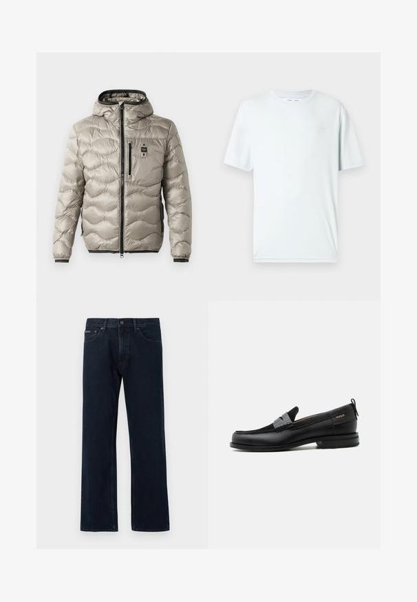 Chaqueta acolchada de color gris claro con un diseño acolchado, cierre frontal con cremallera, capucha fija, bolsillos laterales y puños elásticos. Presenta un pequeño parche con el logotipo en el pecho.; Camiseta de algodón azul claro con cuello redondo, mangas cortas y marca minimalista bordada en el pecho. Textura suave, diseño sencillo.; Vaqueros de pierna recta azul oscuro con cierre frontal de botón y cremallera, bolsillos delanteros y trabillas para cinturón.; Mocasín de cuero negro con detalle de tira gris, tacón bajo y suela texturizada, con la marca "HUGO" en oro en el lateral.