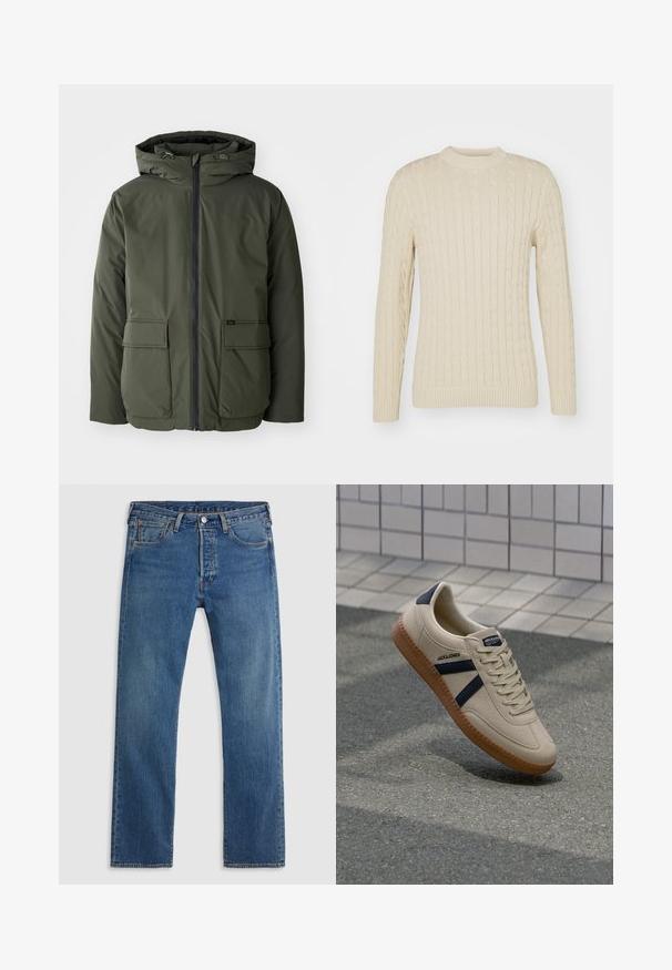 Oliven grøn isoleret jakke med hætte, frontlynlås og to store påsyede lommer. Fremstillet af glat, vandafvisende materiale.; Kabelstrikket sweater i lys creme. Har rund halsudskæring, lange ærmer, ribbede manchetter og kant, samt et struktureret overflademønster.; Blå straight-leg denimjeans med fem lommer, bæltestropper og lukning med knap og lynlås foran på en ensfarvet baggrund.; Beige sneaker med struktureret overflade, marineblå striber og gummisål. Har en polstret tunge og traditionelt snørresystem for en sikker pasform.