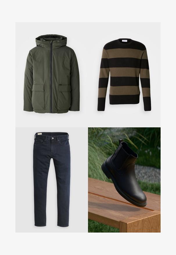 Olijfgroene geïsoleerde jack met een capuchon, voorrits en twee grote opgestikte zakken. Gemaakt van glad, waterafstotend materiaal.; Lindbergh BLOCK STRIPE - Trui - olive; Donkerblauwe denim jeans met een rechte pijp, ontwerp met vijf zakken, knoopsluiting aan de voorkant en minimale stiksel details.; Zwarte leren enkellaars met elastische zijpanelen, ronde neus en een getextureerd rubberen loopvlak, zwevend boven een houten tafel.