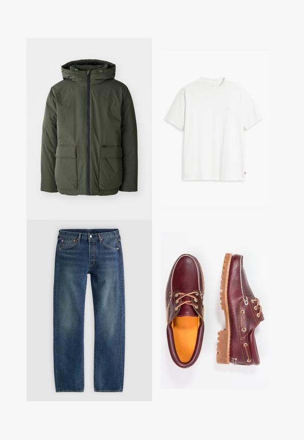 Olijfgroene geïsoleerde jack met een capuchon, voorrits en twee grote opgestikte zakken. Gemaakt van glad, waterafstotend materiaal.; Wit katoenen T-shirt met korte mouwen, ronde hals en een subtiel "Levi's" logo in een lichte kleur op de voorkant gedrukt.; Blauwe rechte spijkerbroek met vijf zakken en koperen klinknagels, plat weergegeven op een lichtgrijze achtergrond.; Bordeaux leren schoenen met bruine rubberen zolen, ronde neus, witte stiksels en gouden veterogen. Het interieur heeft een gele voering.