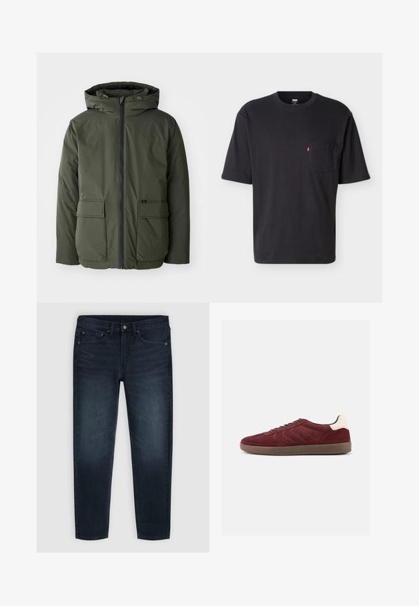 Olijfgroene geïsoleerde jack met een capuchon, voorrits en twee grote opgestikte zakken. Gemaakt van glad, waterafstotend materiaal.; Zwart T-shirt met korte mouwen en ronde hals, voorzien van een borstzakje met een klein rood Levi's logo tabje op het zakje, tegen een effen lichte achtergrond.; Donkerblauwe slim fit jeans met knoop- en ritssluiting aan de voorkant, riemlussen en vijf zakken, weergegeven op een lichtgrijze achtergrond.; Bordeauxrode suède sneaker met veterband aan de voorkant, gestructureerde zijdetails en een lichtgekleurde hielaccent. Rubberzool met een gladde afwerking.
