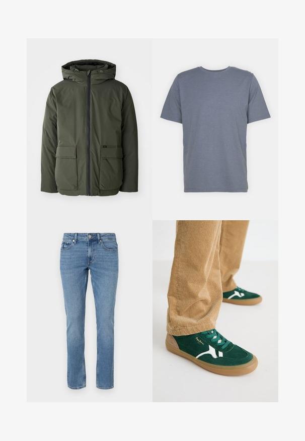Chaqueta aislante de color verde oliva con capucha, cierre frontal y dos grandes bolsillos tipo parche. Fabricada en un material suave y resistente al agua.; Camiseta gris de manga corta con cuello redondo, hecha de una suave mezcla de algodón. Diseño simple, sin patrones ni acentos.; Jeans de mezclilla azul de pierna recta con bolsillos delanteros, pasadores para cinturón y cierre de botón.; Zapatillas de ante verde con detalles en blanco y cordones verdes. Suela de goma, puntera redondeada y detalles en color marrón en el talón. Combinadas con pantalones de pana.