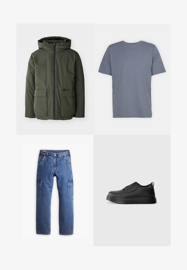 Olijfgroene geïsoleerde jack met een capuchon, voorrits en twee grote opgestikte zakken. Gemaakt van glad, waterafstotend materiaal.; Grijze T-shirt met korte mouwen en een ronde hals, gemaakt van een zachte katoenmix. Eenvoudig ontwerp, zonder patronen of accenten.; Blauwe denim cargobroek met een rechte pijp, twee zijzakken en zichtbare stikseldetails. Over het algemeen een casual en functionele stijl.; Zwarte leren instapschoen met een gestructureerd oppervlak, dikke ribbelzool en een lipje aan de hak, weergegeven in zijaanzicht op een witte achtergrond.
