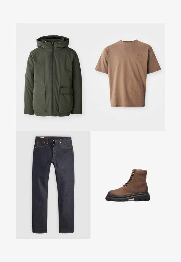 Olijfgroene geïsoleerde jack met een capuchon, voorrits en twee grote opgestikte zakken. Gemaakt van glad, waterafstotend materiaal.; Bruine katoenen t-shirt met ronde hals, korte mouwen en een discreet geborduurd logo op de linkerborst. Soepele structuur, relaxte pasvorm.; Donkerblauwe spijkerbroek met een rechte pijp, voorzien van oranje stiksel en klassieke vijfzakkenstijl. Knop- en ritssluiting.; Bruine leren enkelboot met een ronde neus, vetersluiting aan de voorkant, metalen veterogen en een dikke zwarte rubberen zool met een antislippatroon.