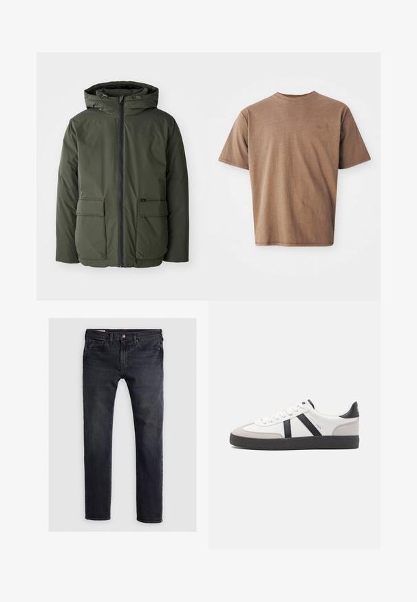 Olijfgroene geïsoleerde jack met een capuchon, voorrits en twee grote opgestikte zakken. Gemaakt van glad, waterafstotend materiaal.; Bruine katoenen t-shirt met ronde hals, korte mouwen en een discreet geborduurd logo op de linkerborst. Soepele structuur, relaxte pasvorm.; Donkerblauwe denim jeans met een recht model, voorzien van een knoopsluiting aan de voorzijde, een vijf-pocket ontwerp en subtiele vervaagde gebieden.; Witte sneaker met zwarte en grijze accenten, voorzien van een grijze neus met textuur, zwarte rubberen zool en platte witte veters. Schoon ontwerp, minimalistische stijl.