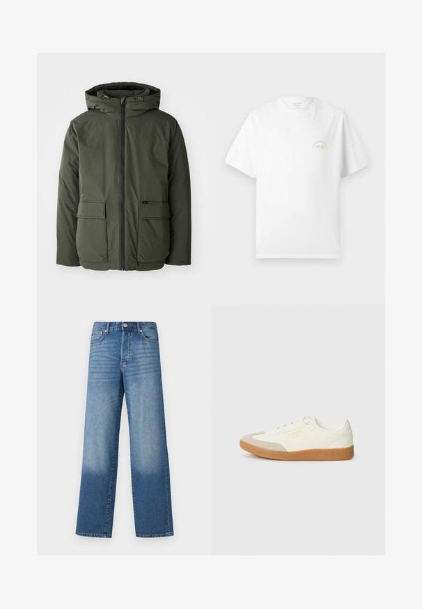Olijfgroene geïsoleerde jack met een capuchon, voorrits en twee grote opgestikte zakken. Gemaakt van glad, waterafstotend materiaal.; Witte T-shirt met korte mouwen met kleine gele en grijze tekst "est. 90" en "STUDIO ORIGINALS EDITION" op de linkerkant van de borst.; Blauwe high-waisted straight-leg jeans met vervagingen op de dijen en donkerdere schaduwen nabij de zoom, met zichtbare knoop en zakken aan de voorkant.; Schoen gemaakt van wit leer met een beige teenkap en een lichtbruine rubberen zool. Voorzien van platte witte veters en reliëfbranding aan de zijkant.