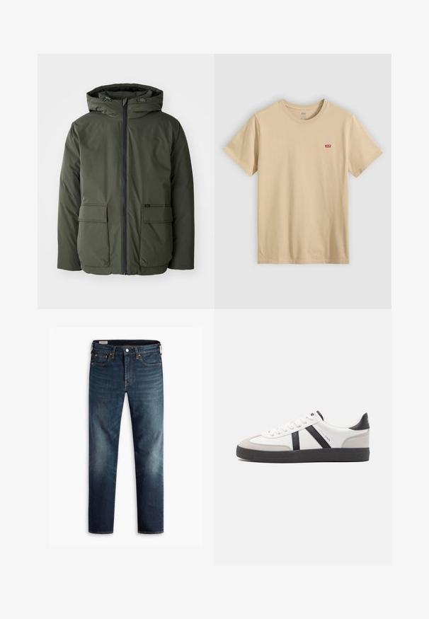 Olijfgroene geïsoleerde jack met een capuchon, voorrits en twee grote opgestikte zakken. Gemaakt van glad, waterafstotend materiaal.; Beige katoenen T-shirt met korte mouwen, ronde hals en een klein rood Levi's-logo op de borst. Gladde, lichte stof.; Donkerblauwe denim jeans met een rechte pasvorm, vijf zakken en koperen hardware-accenten. Vervaagde gebieden op de broekspijpen zorgen voor een contrast in textuur.; Witte sneaker met zwarte en grijze accenten, voorzien van een grijze neus met textuur, zwarte rubberen zool en platte witte veters. Schoon ontwerp, minimalistische stijl.