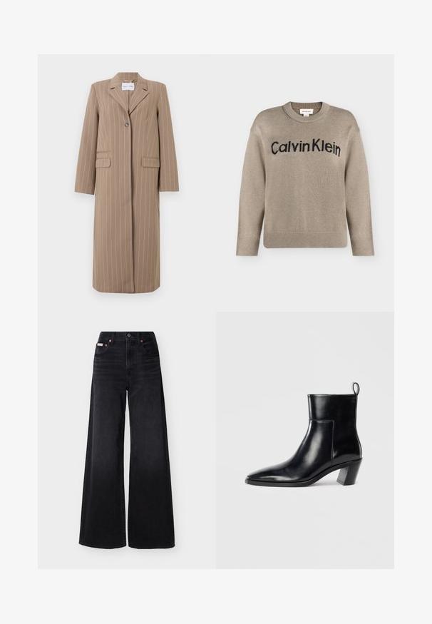 Blazer long rayé brun avec un revers cranté, fermeture à un bouton, et deux poches avant. Tissu lisse et coupe ajustée.; Pull en tricot beige à manches longues avec poignets et ourlet côtelés, portant le logo "Calvin Klein" noir sur la poitrine.; Jean noir à jambes larges avec taille haute, fermeture avant par boutons et fermeture éclair, passants pour ceinture, et design à cinq poches.; Bottine en cuir noir avec un bout pointu, un talon empilé géométrique et une languette à l'arrière. Texture lisse et design épuré.
