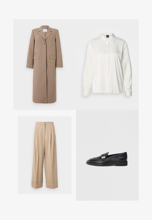 Blazer long rayé brun avec un revers cranté, fermeture à un bouton, et deux poches avant. Tissu lisse et coupe ajustée.; Chemise blanche à manches longues en tissu lisse, avec un col classique, une boutonnière à l'avant et des poignets boutonnés, offrant une coupe décontractée.; Pantalon beige à jambes larges, taille haute, plis devant et larges revers à l'ourlet, présenté sur fond blanc.; Mocassin en cuir noir avec une boucle rectangulaire en argent sur le dessus et un petit talon, sur fond blanc.
