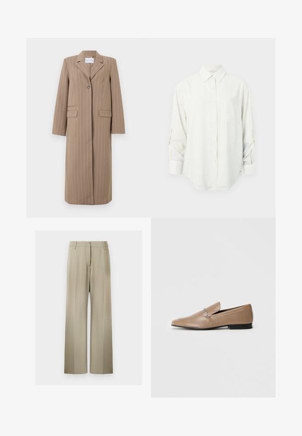 Blazer long rayé brun avec un revers cranté, fermeture à un bouton, et deux poches avant. Tissu lisse et coupe ajustée.; Chemise blanche à manches longues avec col, poche poitrine unique et manches retroussées. Tissu doux et lisse avec une coupe décontractée.; Pantalons à jambes larges en tissu beige doux, avec un devant plat, des passants de ceinture et une texture lisse. Taille standard sans motifs visibles.; Mocassins en cuir tan avec un bout pointu, des accents décoratifs en métal argenté et un petit talon noir. Texture lisse et design minimaliste.
