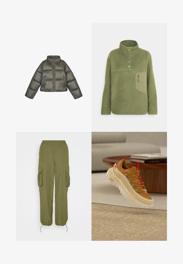 Olivengrøn pufferjakke med høj krave, lynlås lukning og oversized pasform. Har sømmede paneler og to forlommer.; Olivengrøn fleece pullover med høj krave, tre knapper og en lynlåslomme på brystet. Blød tekstur med kontrastsyede detaljer.; Olivengrønne cargo-bukser med elastisk talje, to side cargo-lommer og snoretræk ved bæren. Lavet af let, tekstureret stof.; Brun og beige vandresko med rød tunge trækkesnor, tyk hvid sål og snørebånd i rebstil, svævende over et vævet beige tæppe indendørs.