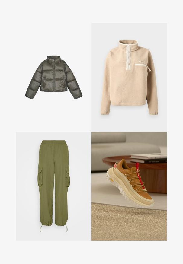 Olivengrøn pufferjakke med høj krave, lynlås lukning og oversized pasform. Har sømmede paneler og to forlommer.; Beige fleecepullover med ståkrave, tre trykknapper og lynlåslomme på brystet med hvid kant.; Olivengrønne cargo-bukser med elastisk talje, to side cargo-lommer og snoretræk ved bæren. Lavet af let, tekstureret stof.; Brun og beige vandresko med rød tunge trækkesnor, tyk hvid sål og snørebånd i rebstil, svævende over et vævet beige tæppe indendørs.