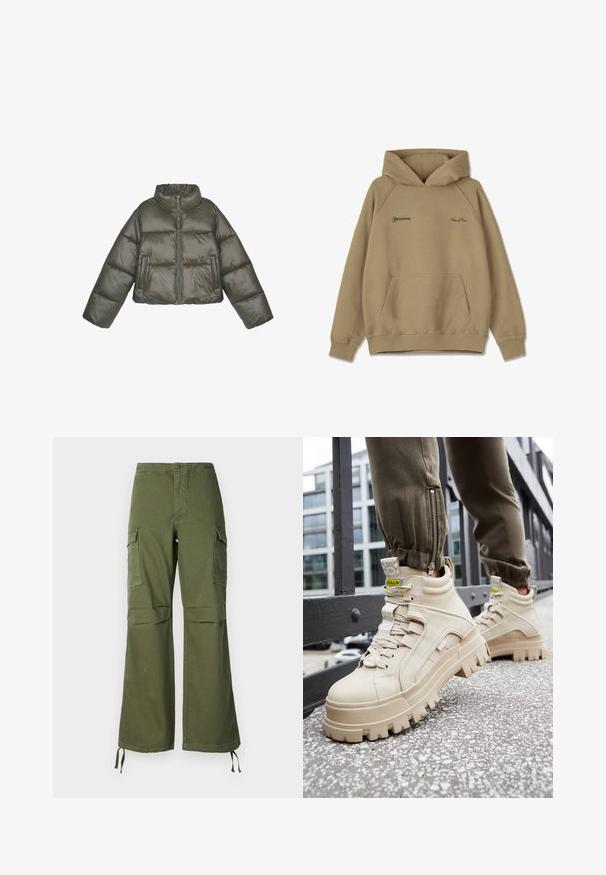 Olivengrøn pufferjakke med høj krave, lynlås lukning og oversized pasform. Har sømmede paneler og to forlommer.; Beige hættebluse i fleece materiale, med en frontlomme, ribbede mansjetter og broderede logoer på brystet.; Olivengrønne cargo-buksen i bomuld med bred ben-design, to sidelommer og justerbare snore ved kanten.; Beige high-top sneakers med en chunky, tekstureret sål, snørebåndsdesign og gule accentmærker. Tekstureret læderoverdel med kontrasterende syninger.