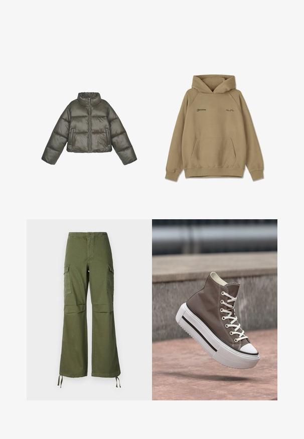 Olivengrøn pufferjakke med høj krave, lynlås lukning og oversized pasform. Har sømmede paneler og to forlommer.; Beige hættebluse i fleece materiale, med en frontlomme, ribbede mansjetter og broderede logoer på brystet.; Olivengrønne cargo-buksen i bomuld med bred ben-design, to sidelommer og justerbare snore ved kanten.; Højt skåret grå lærredssneaker med hvide snørebånd og tyk hvid platformsål, svævende over en lyserød betonoverflade nær et stentrappe.