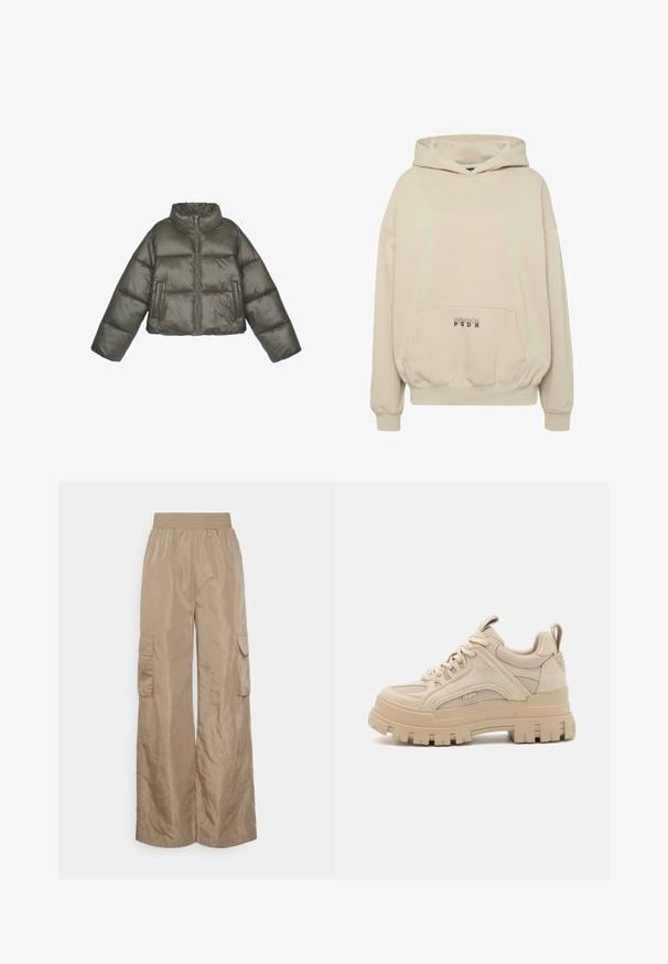 Chaqueta acolchada verde oliva con un cuello alto, cierre de cremallera y un corte holgado. Presenta paneles cosidos y dos bolsillos frontales.; Sudadera con capucha beige con bolsillo frontal, puños acanalados y capucha con cordón. Texto "PECADOR PGDR" impreso en el área del bolsillo.; Even&Odd Tall by Zalando Pantalones cargo - beige; Zapatillas chunky beige con una mezcla de malla y ante, con una suela gruesa y un dibujo de tacos prominente, diseño con cordones y detalle de marca.