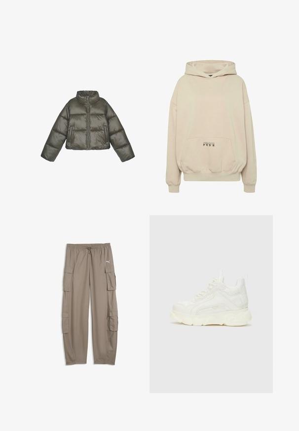 Chaqueta acolchada verde oliva con un cuello alto, cierre de cremallera y un corte holgado. Presenta paneles cosidos y dos bolsillos frontales.; Sudadera con capucha beige con bolsillo frontal, puños acanalados y capucha con cordón. Texto "PECADOR PGDR" impreso en el área del bolsillo.; Pantalones cargo de corte ancho de color marrón claro con cintura con cordón y bolsillos con solapa en cada pierna, con un pequeño logo blanco de Puma en el lado derecho.; Zapatilla blanca con material sintético texturizado, suela gruesa y diseño con cordones. Presenta un logo sutil en el lateral y una puntera redondeada.