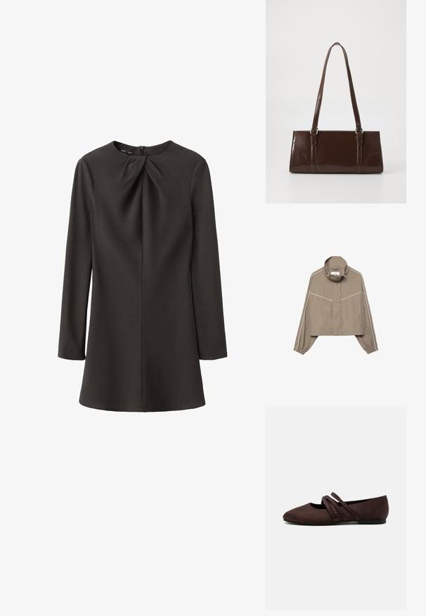 Veste courte marron clair avec col montant, poignets élastiques, deux poches avant et détails en passepoil blanc sur les manches et la poitrine.; Robe noire à manches longues avec un col rond et un détail froncé à l'avant, confectionnée dans un tissu lisse, avec une fermeture éclair dissimulée dans le dos.; Chaussure plate marron avec un bout pointu et deux fines brides croisées sur le cou-de-pied, détails de couture visibles et petit talon.; Sac à main en cuir verni marron de forme rectangulaire, avec deux longues poignées et des accents courbés subtils à l'avant.