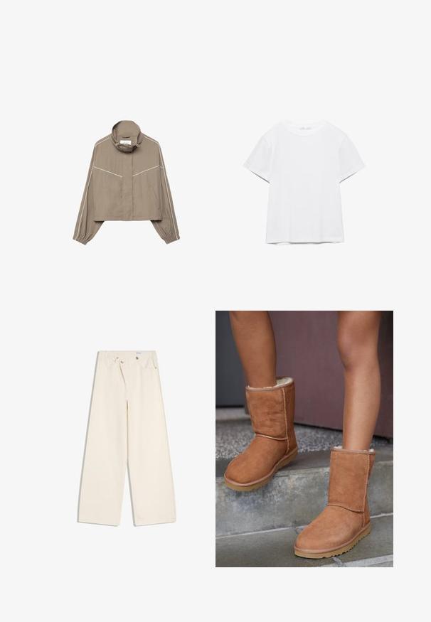 Veste courte marron clair avec col montant, poignets élastiques, deux poches avant et détails en passepoil blanc sur les manches et la poitrine.; T-shirt blanc uni à manches courtes et col rond, avec un ourlet droit, présenté sur un fond blanc.; Pantalon large couleur écru avec poches avant, passants pour ceinture, et boutons argentés sur la ceinture et les bords des poches.; Bottines en suede marron, à bout rond, avec une doublure douce et une semelle en caoutchouc, présentant des détails de couture visibles le long des coutures.