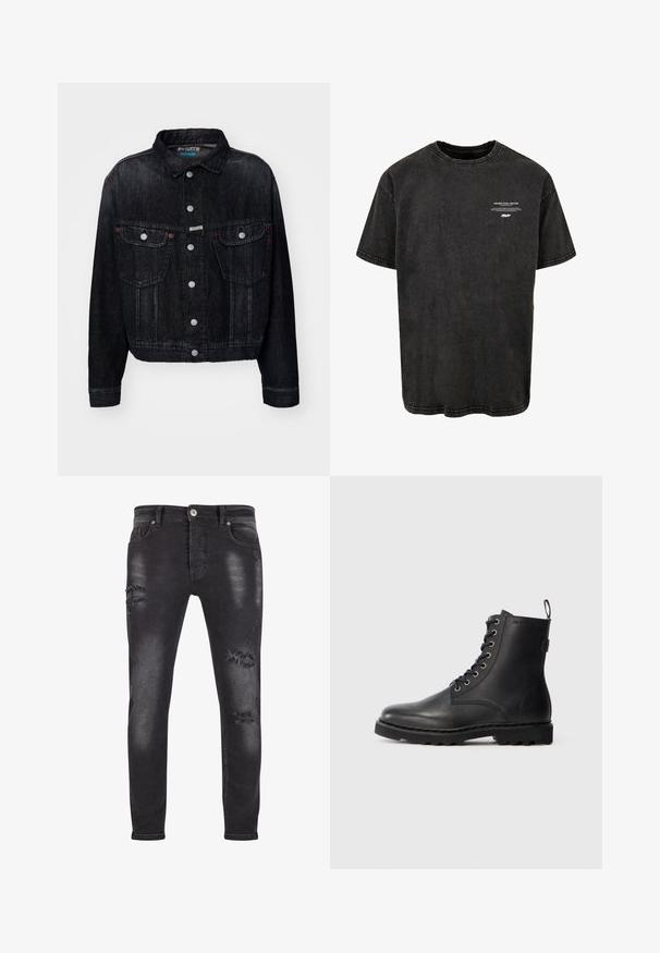 Sort denimjakke med krave, frontknaplukning, to brystlommer og røde detaljer. Designet er kropssnit med en klassisk pasform.; Sort bomulds t-shirt med rund hals og korte ærmer. Har kontrasterende hvid tekst foran og synlige syningsdetaljer.; Sorte denim jeans med slim fit, der har slidte detaljer og frynsede lapper, lys falmning, samt standard knap- og lynlåslukning.; Sort læder ankelstøvle med rund tå, snøredesign og metaløjer. Har en tekstureret sål og en pull-tab ved hælen for nem påtagning.