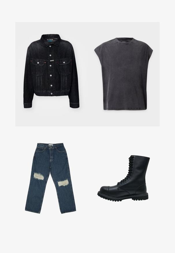 Sort denimjakke med krave, frontknaplukning, to brystlommer og røde detaljer. Designet er kropssnit med en klassisk pasform.; Sort ærmeløs t-shirt med rund hals, afslappet og boxy pasform samt let sænkede skuldre på ensfarvet baggrund.; Blå denim jeans med en løs pasform, der har to slidte knælapper og et klassisk fem-lomme design med kontrasterende søm.; Sort læder snørebåndsstøvle med rund tå, høj skaft, tyk gummisål og struktureret overflade. Har forstærket syning langs sømmene.