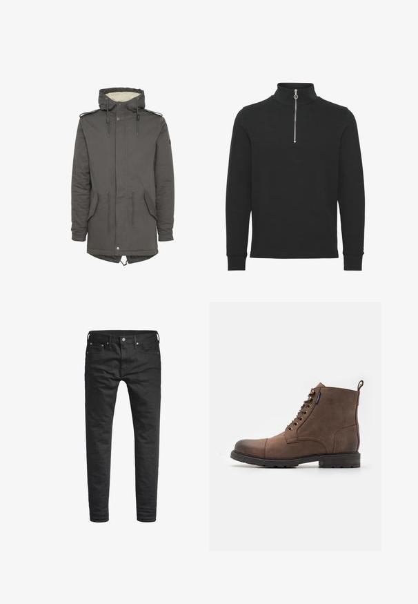 Grå hætteparkas med kunstpels-for, snøre i taljen, lappelommer og trykknaplukning. Har justerbar hætte og skulderdetaljer.; Sort pullover med høj krave, der har en sølvfarvet lynlås ved halsen. Lange ærmer med manchetter, lavet af et glat, tekstureret stof.; Sorte slim-fit jeans med forlommer, bæltestropper og en knappelukning, præsenteret mod en hvid baggrund.; Jack & Jones JFWTRAINER BOOT - Snørestøvletter - brown stone