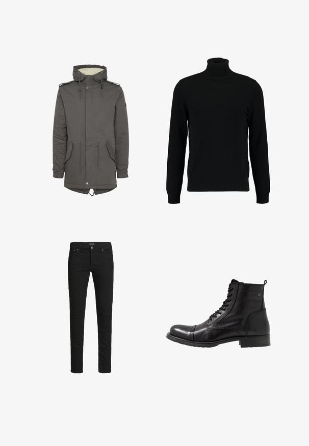 Grå hætteparkas med kunstpels-for, snøre i taljen, lappelommer og trykknaplukning. Har justerbar hætte og skulderdetaljer.; Sort turtleneck sweater lavet af et blødt strikmateriale. Har lange ærmer, ribbet krave og kant. Enkel, slank design uden mønstre.; Slim-fit sorte jeans med fem lommer, knaplukning og bæltestropper, mærket Jack & Jones.; Sorte læder ankelstøvler med rund tå, snørebånd i front, strukturerede detaljer og en lav, kraftig hæl.