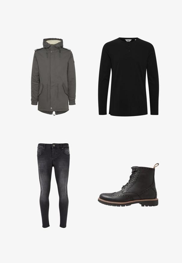 Grå hætteparkas med kunstpels-for, snøre i taljen, lappelommer og trykknaplukning. Har justerbar hætte og skulderdetaljer.; Solid SDVINTON - Langærmet T-shirt - black; Sorte skinny jeans lavet af denim, med en falmet vask, fem lommer og en knaplukning. Stoffet har en glat tekstur.; Sorte læder ankelstøvler med brogue-detaljer, snørebånd foran og gummisål med tekstureret sål. Brune stikninger fremhæver kanten.